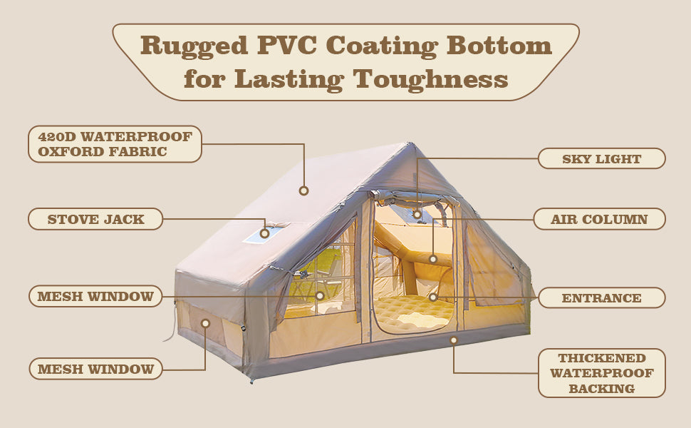 9.8' x 7' Inflatable Camping Tent,4 Season Blow up 4-6 Person Inflatable Tent with Jack Stove