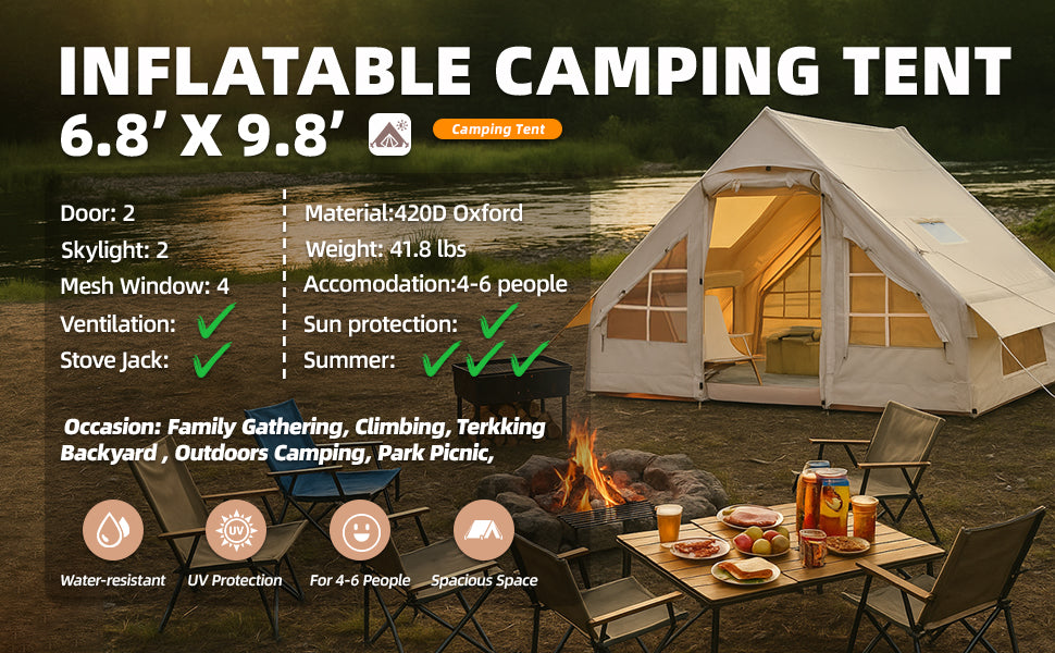 9.8' x 7' Inflatable Camping Tent,4 Season Blow up 4-6 Person Inflatable Tent with Jack Stove