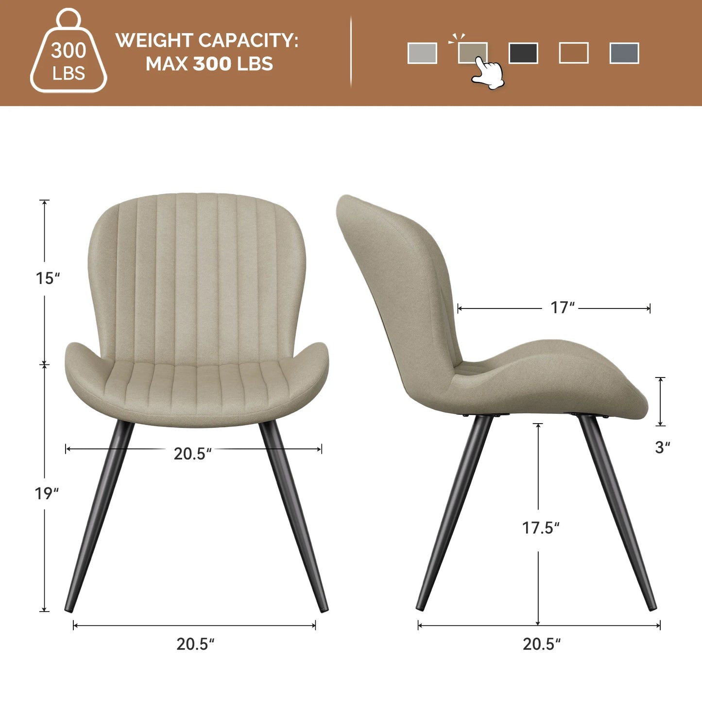 2 Dining Chairs, Modern, Comfortable Backrest Thickeneded Soft Cushion.19inch High, Metal Feet