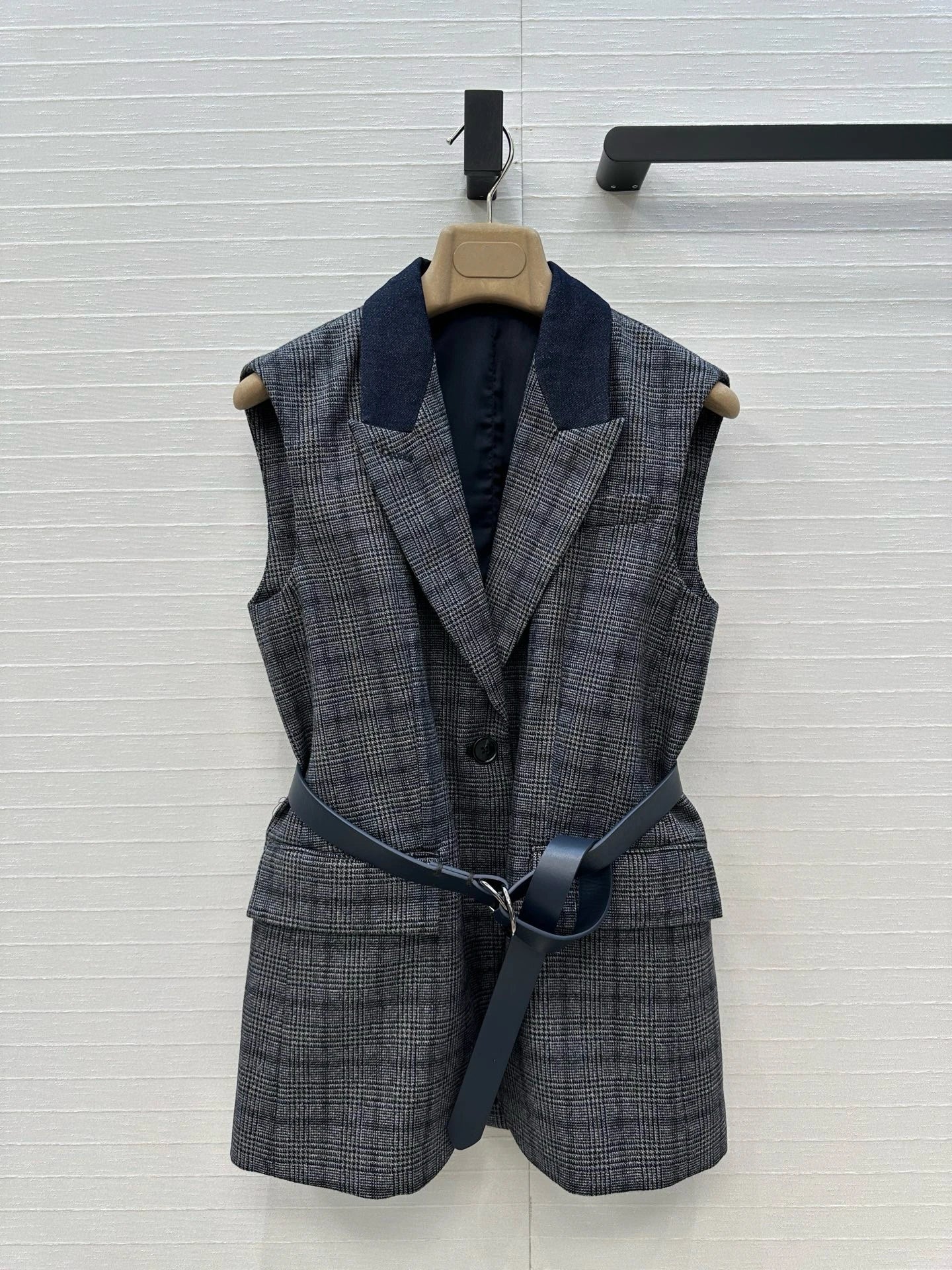 2025 Early Autumn New Grey Blue Blended Wool Check Suit Vest 308