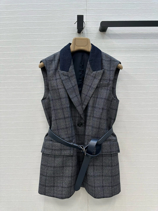 2025 Early Autumn New Grey Blue Blended Wool Check Suit Vest 308