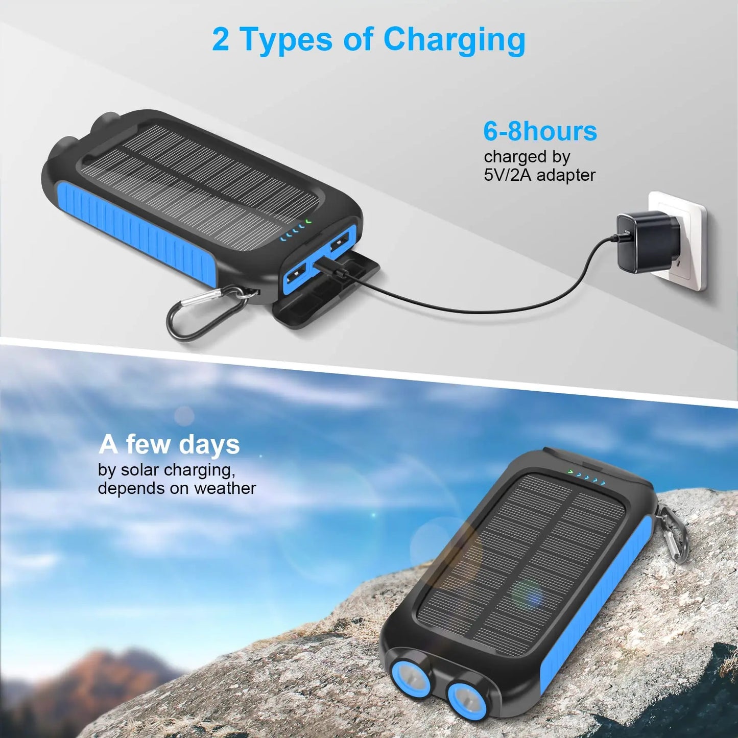 10000mAh Solar Power Bank Waterproof Fast Charge Dual USB charger LED Light for Camping Hiking