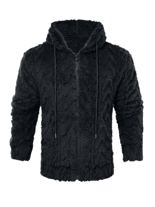 Men's letter drawstring hooded jacket, jacquard velvet fabric, soft,comfortable, double pocket