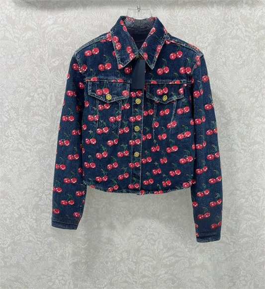 The 2025 New Women's Cherry Jacquard Lapel H-style Short Vintage Washed Denim Jacket