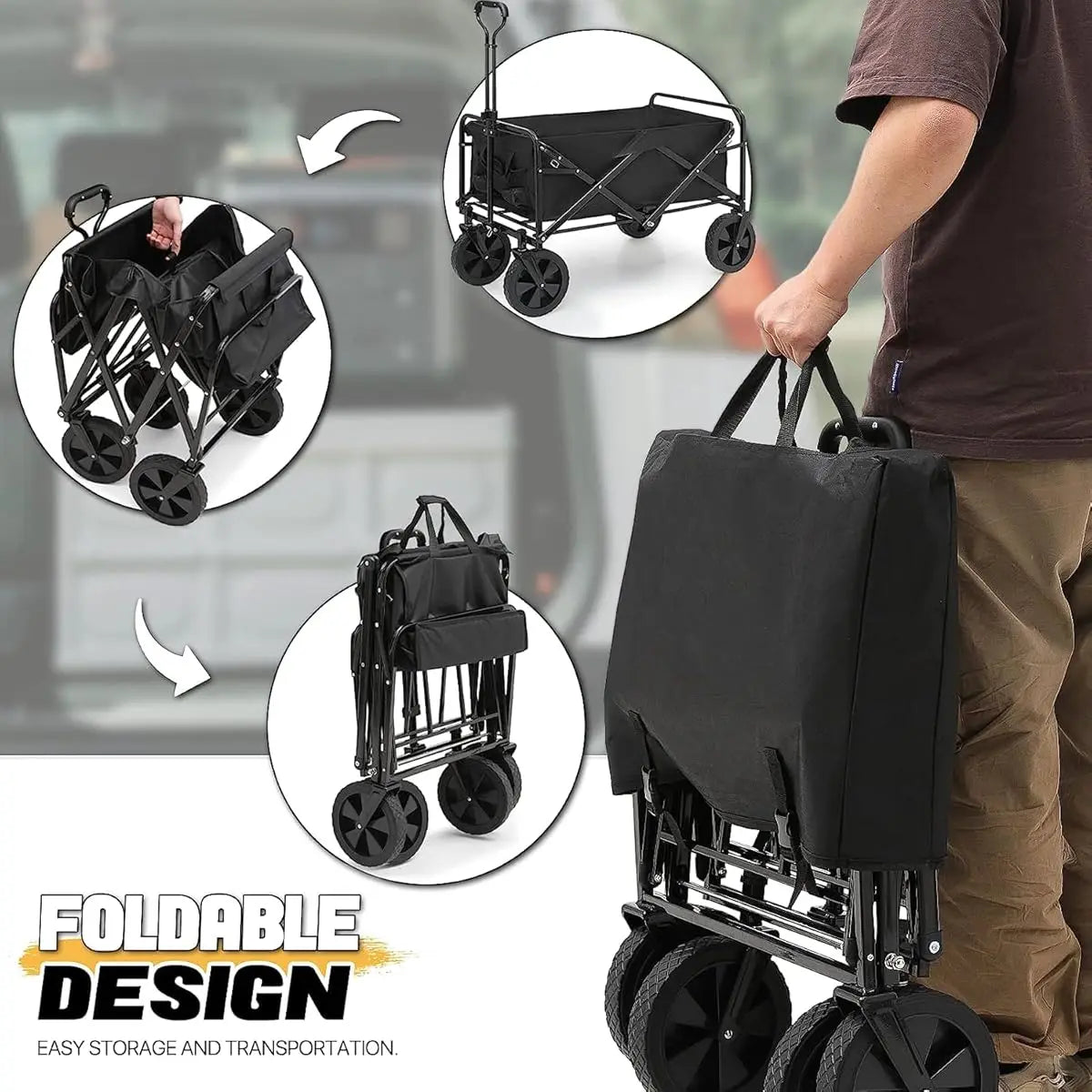 PowerHaul Folding Wagon,550LB/5.3 Cu. Ft., Heavy-Duty Design, All-Terrain Wheels, BLACK