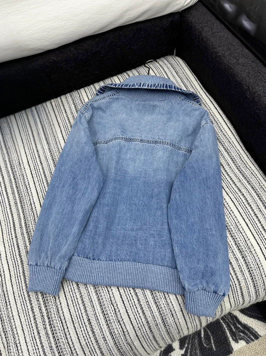 High Quality Women's Casual Fashion Zipper Pockets Lapel Letters Short Denim Jacket JQ094