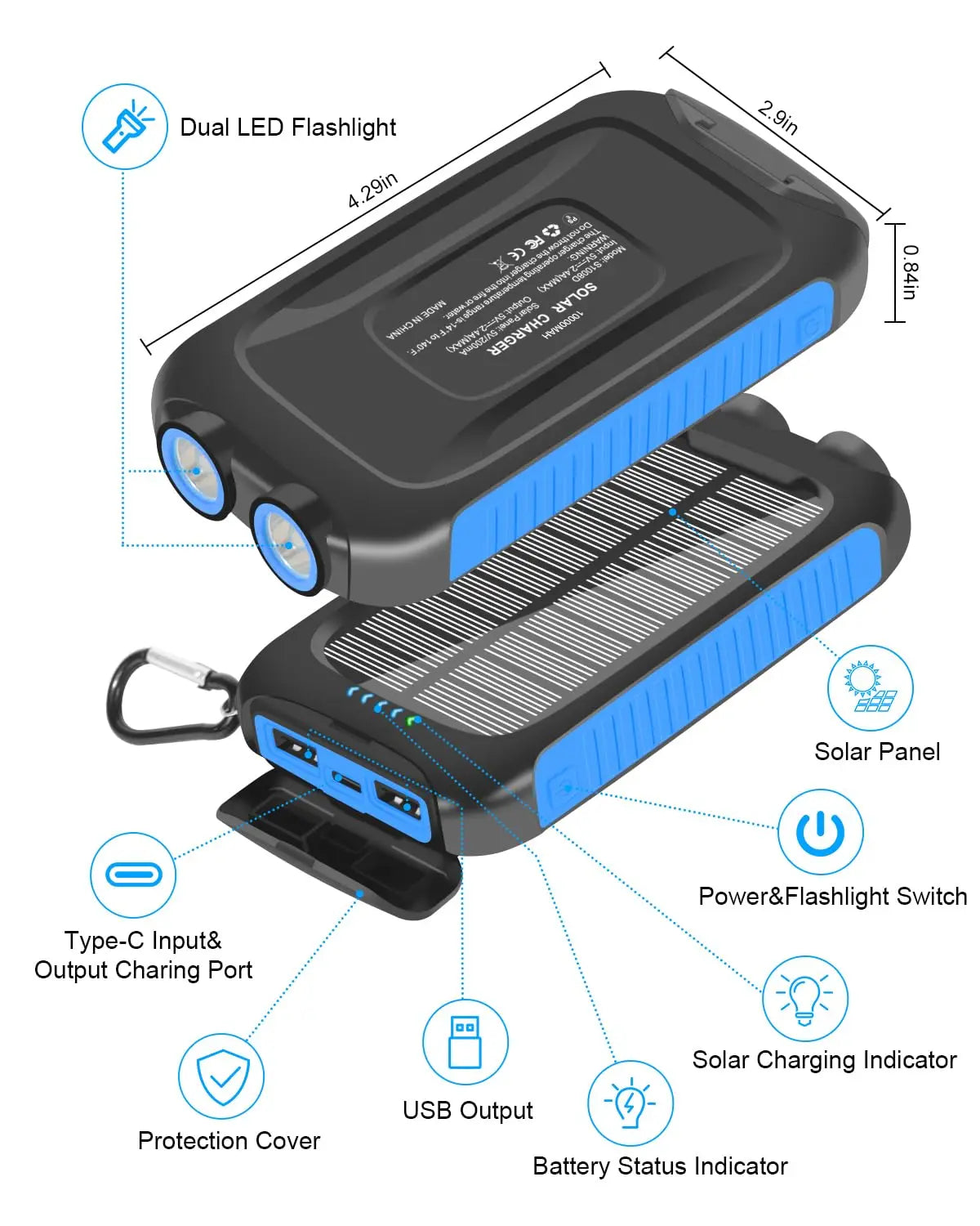 10000mAh Solar Power Bank Waterproof Fast Charge Dual USB charger LED Light for Camping Hiking