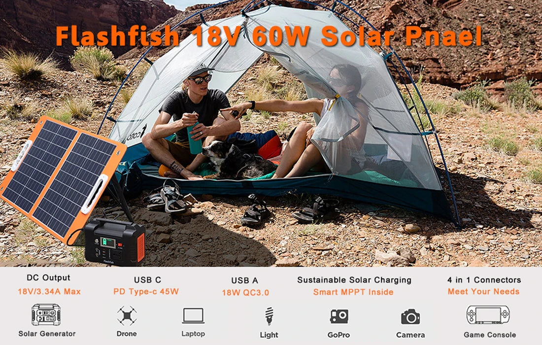 Portable Solar Panel 60W 18V Solar Charger Foldable Battery DC Output PD Type-c for Solar Gener