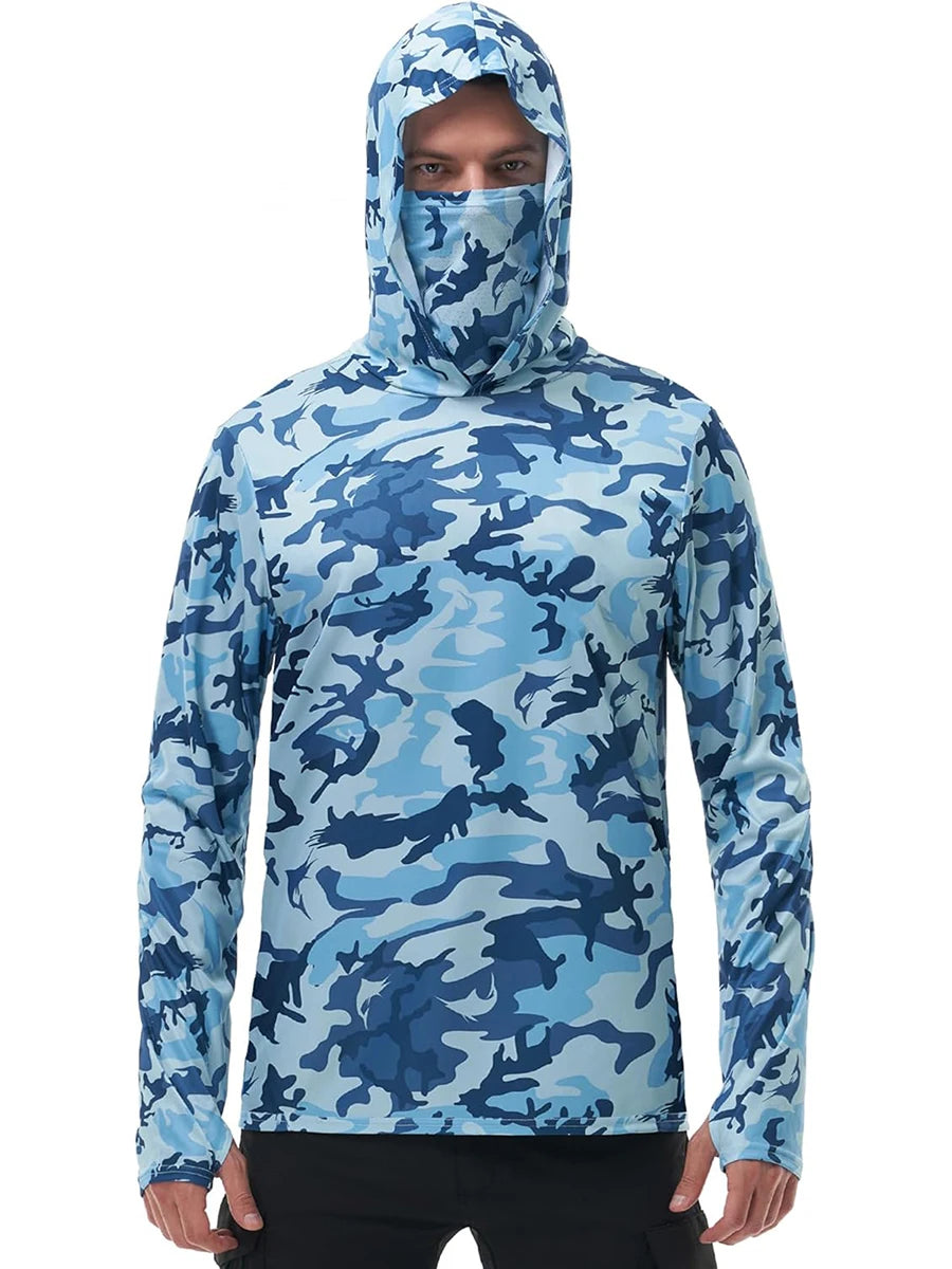 Men s Fishing Shirt Camo Print Hoodie, Built-in Face Mask Sun Protection, Hiking and Running