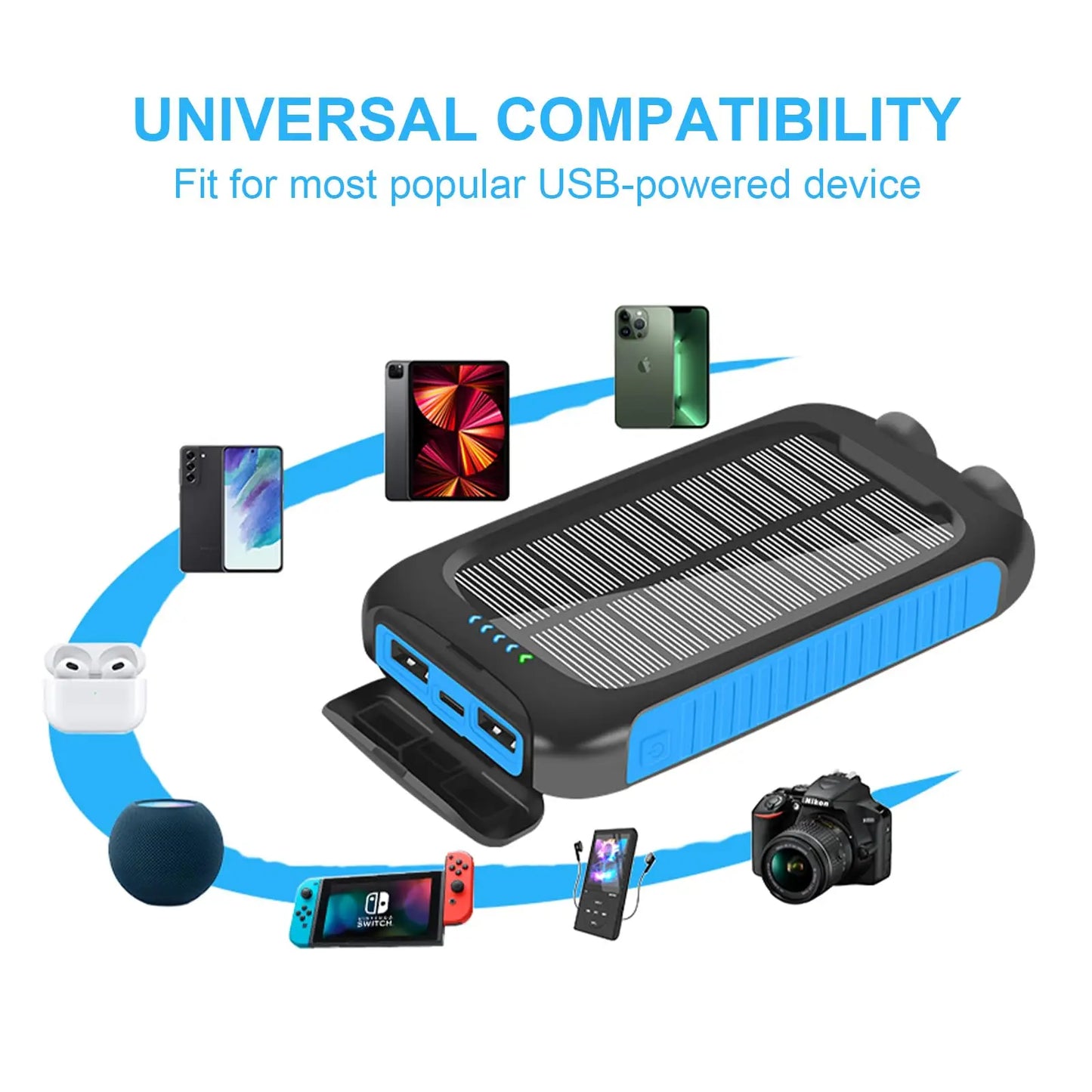 10000mAh Solar Power Bank Waterproof Fast Charge Dual USB charger LED Light for Camping Hiking