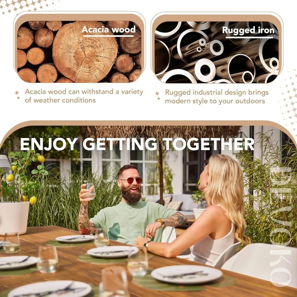 Acacia Wood Dining Table 6-Person Indoor Outdoor Table,Iron Legs, Sandblast Finish, Natural Stained