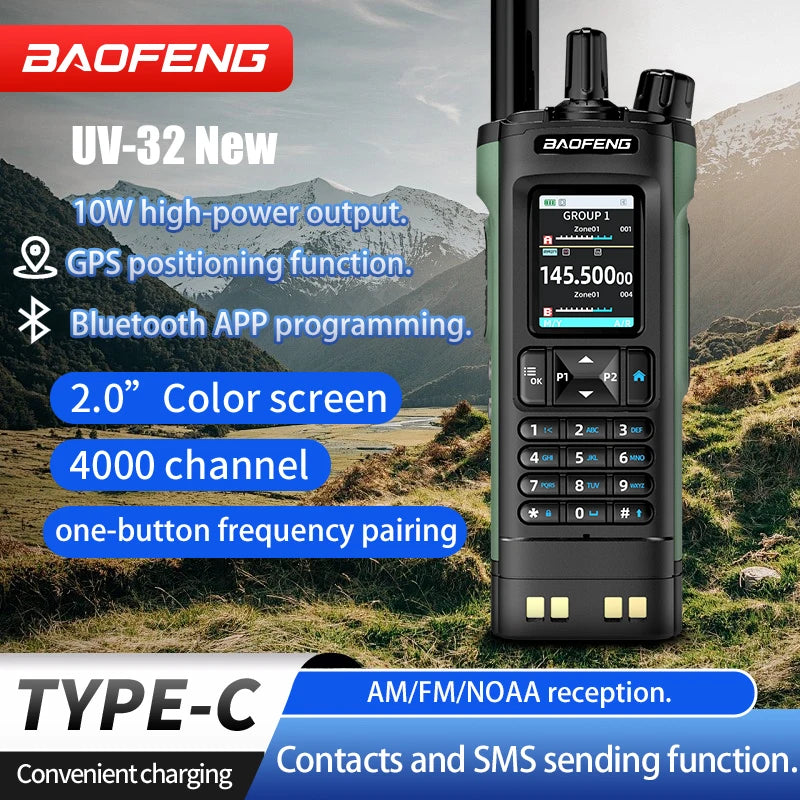 New UV-32 Walkie GPS 10W Bluetooth APP Prog,Multi Band Wireless Copy Freq.Type-C UV32 Ham 2 Way