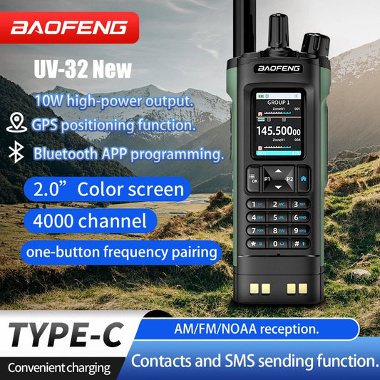 New UV-32 Walkie GPS 10W Bluetooth APP Prog,Multi Band Wireless Copy Freq.Type-C UV32 Ham 2 Way