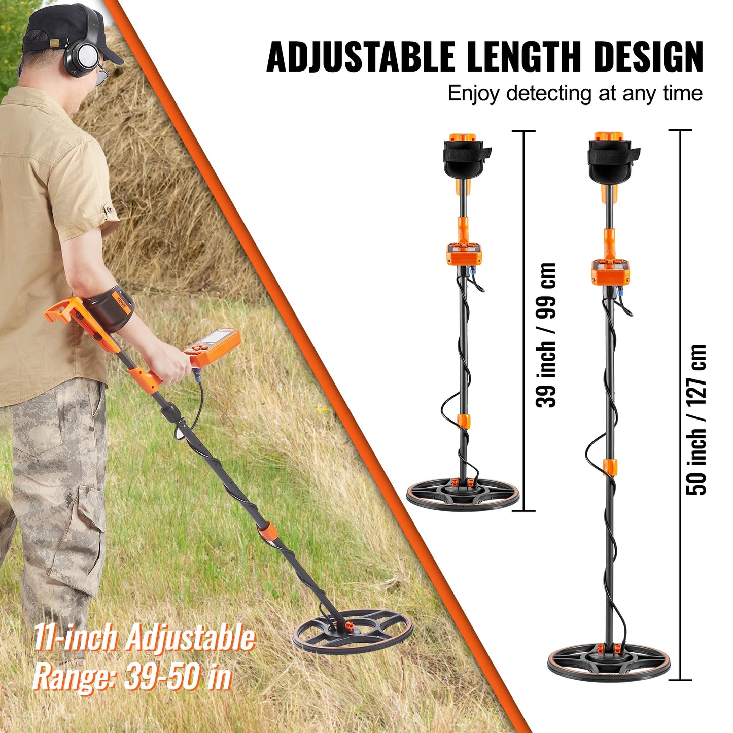 Professional Rechargeable Metal Detector 12" IP68 Waterproof Coil 39-50 in Adjustable LCD 7Modes