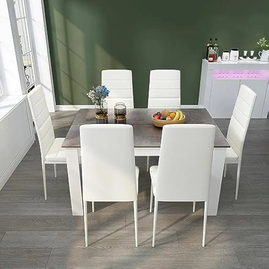 7 Pieces dining/Kitchen Table Set with High Back Faux Leather Chair,Dining Room Kitchen Rectangular