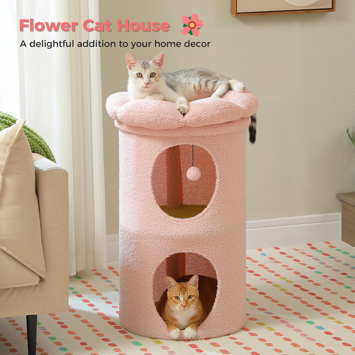 Double-Deck Cat House, Cozy Large Condos, Luxury Flower Perch, Pompom Ball, Cat Furniture indoor