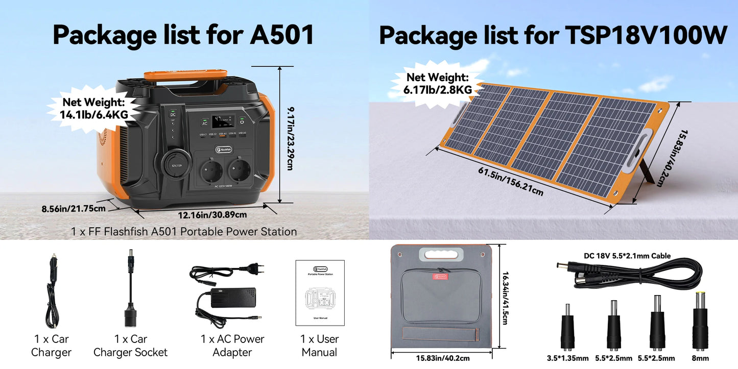 A501 Portable Power Station 540Wh 500W Pure Sine Wave Solar Generator, 100W Solar Panel Complete