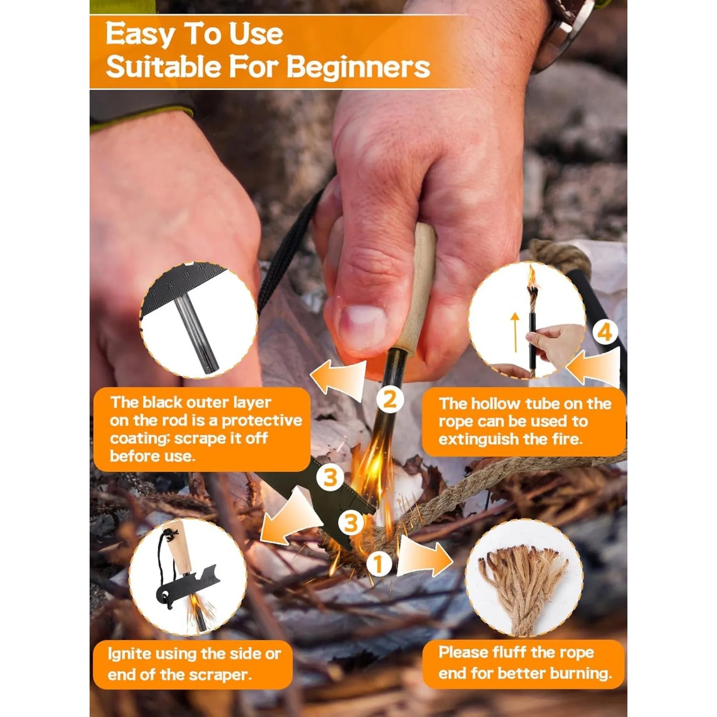 Fire Starter Survival Tool, Fire Starter Kit Includes Magnesium Rod, 2 Pcs Wick Hemp Rope, Bag