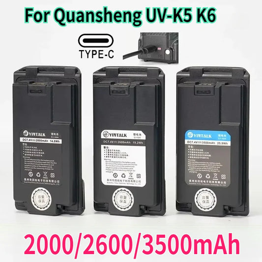 Quansheng UV-K5 K6 Walkie Battery 2000/2600/3500mAh Type-C Charge High Capacity Radio Rechargable