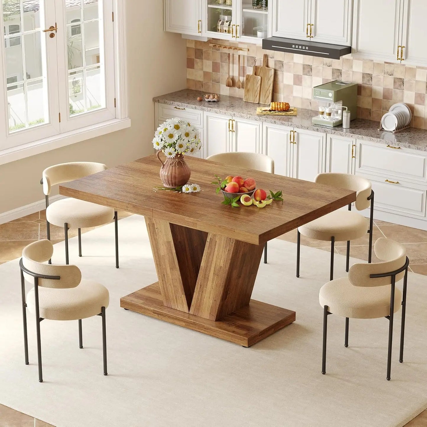 47 Inche Modern Dining Table for 4, chairs, White Rectangle Table, Dining Room, Kitchen, Living Room