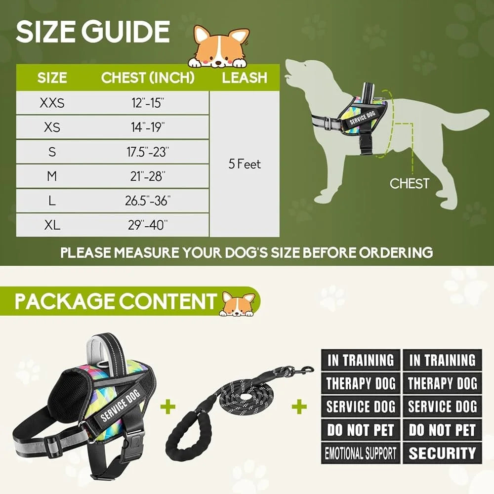 Service Dog Harness Reflective No Pull 10 Patches Multi Color Training Vest Lightweight Small to XL