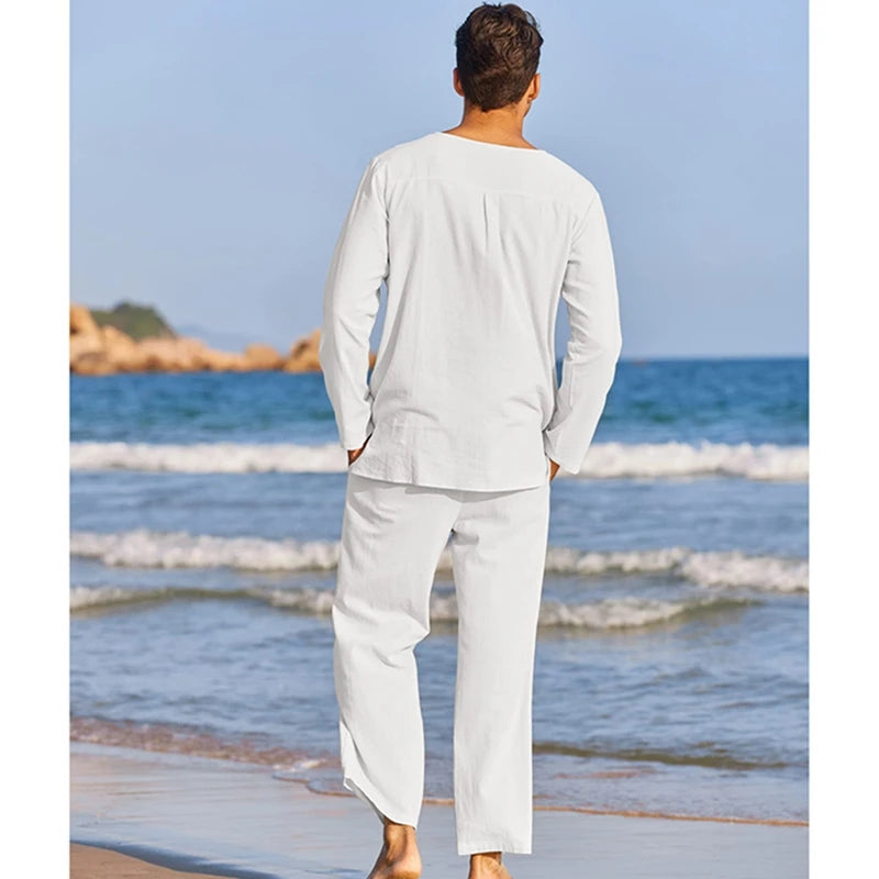 Cotton Linen Solid Color Long Sleeve Henley Shirt Elastic Waist Drawstring 2 Pieces Loungewear Set