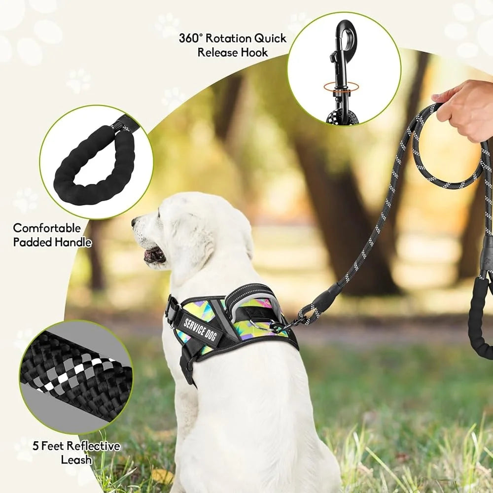 Service Dog Harness Reflective No Pull 10 Patches Multi Color Training Vest Lightweight Small to XL