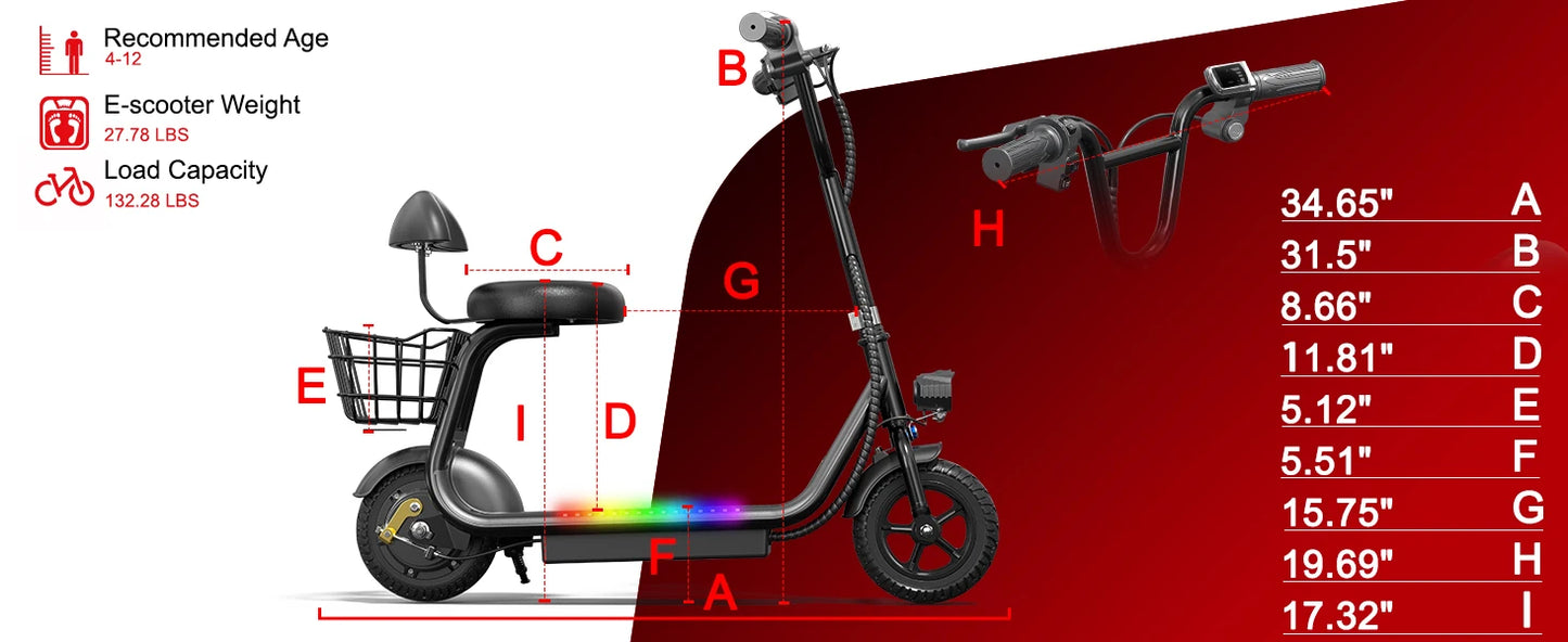 Kids E-Scooter, Blue tooth Speaker Foldable Design Seat, Basket LED Light Strip 11MPH Speed 132lbs