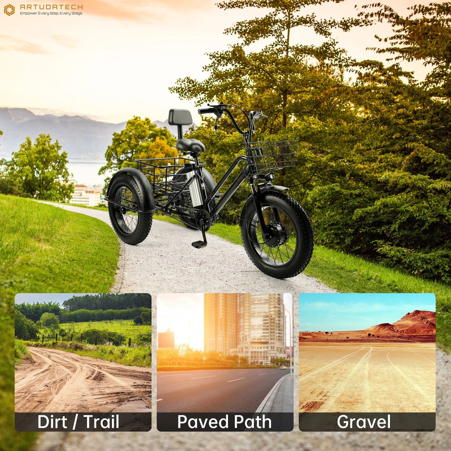 Artudatech 500W 48V 13A Electric Snow Tricycle 3 wheel e-bike 4.0 Fat Tire Tricycle