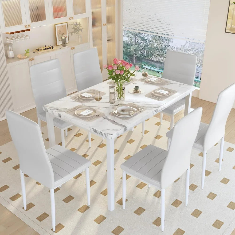 7 Piece Dining Table Set for 6, Faux Marble, 6-Chairs , Modern indoor table Set fits Small Space