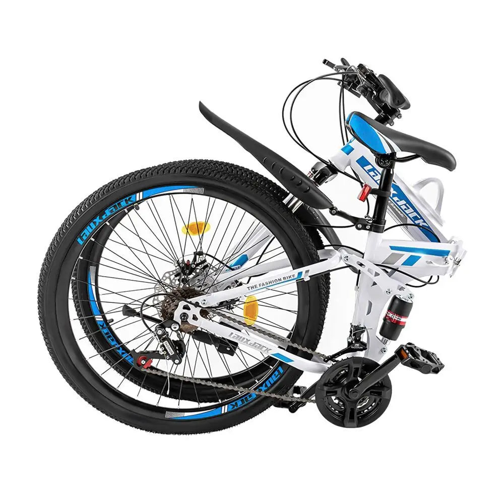 26" Folding Mountain Bike Top Spec | 21-Speed Blue/White MTB | Dual Disc Brakes | Ultimate Commuter & Trail Bike