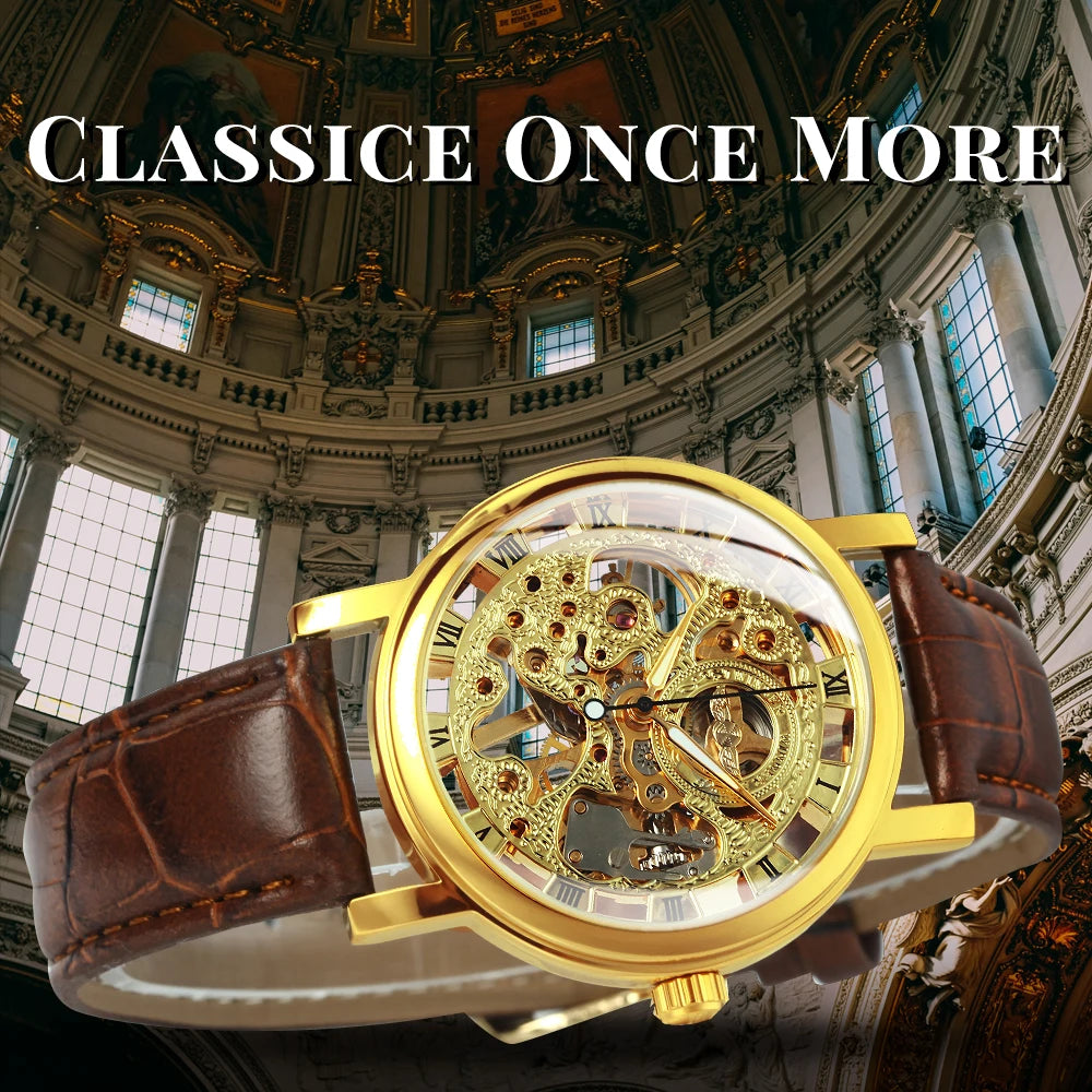 WINNER Classic Skeleton Mechanical Watch Luminous Hands Leather Strap Top Brand Luxury Wristwatch