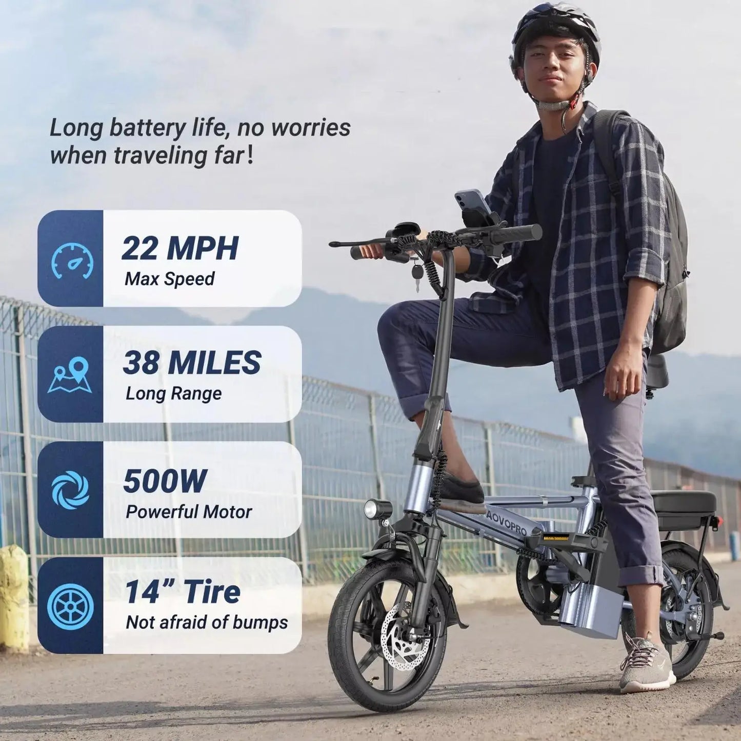 14inch EB60 Foldable Ebike 500W 48V 10.4AH 22MPH 28Miles Long Range, Two Seats for Adult