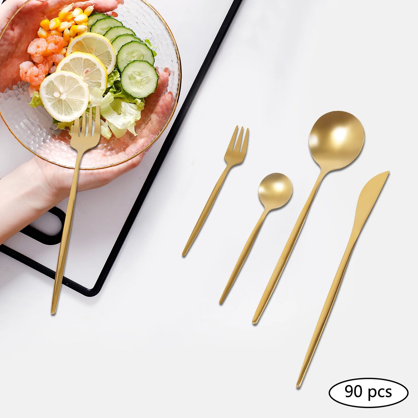90 Pcs Gold Flatware Set Stainless Steel Utensil Kitchen Tableware Forks Knives Spoons Cutlery