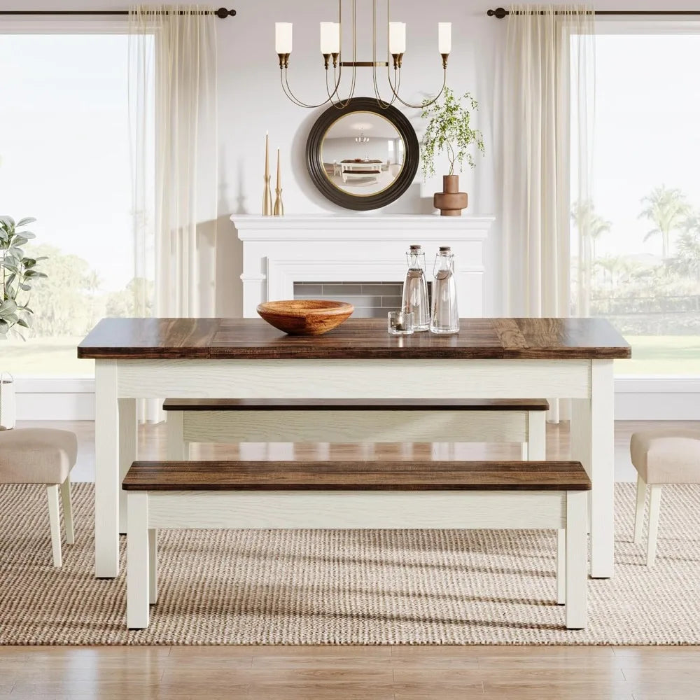 farmhouse table set, 4-6, 55-inch wooden table;benches, space saving 3 pieces heavy duty-indoor