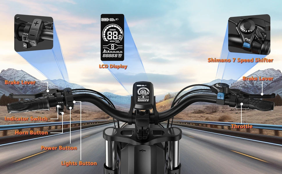K7 E-bike 1500W Motor 48V 23AH ,20 Inch Fat Tire 32MPH 7-Speed Mountain electric bike