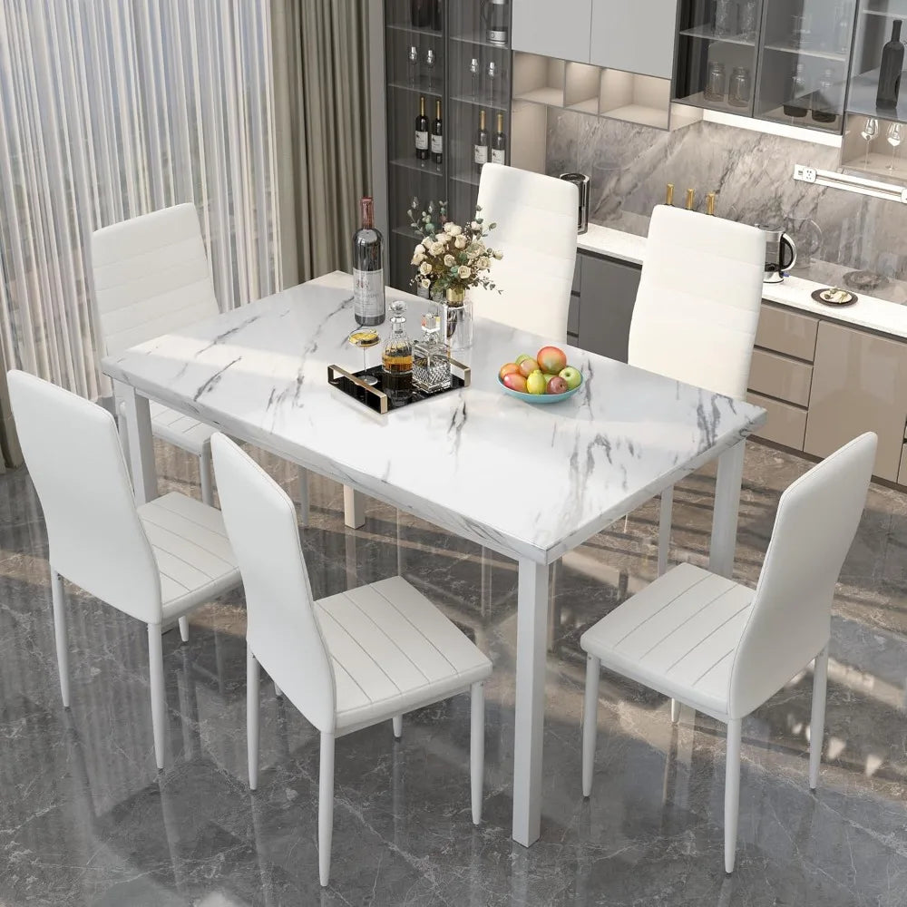 7 Piece Dining Table Set for 6, Faux Marble, 6-Chairs , Modern indoor table Set fits Small Space