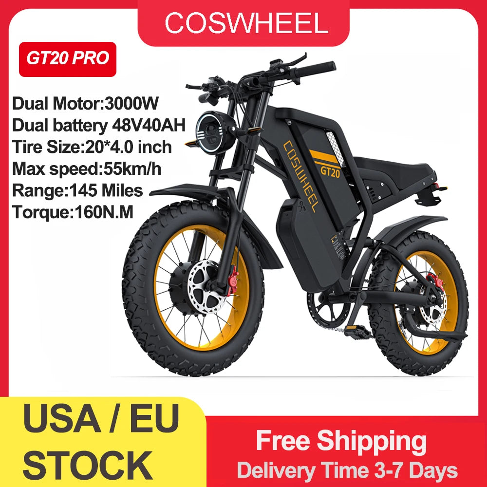 Coswheel Electric bike, Adult 2000W 60V Off-Road Motorcycle Mountain 20Inch Fatbike tires