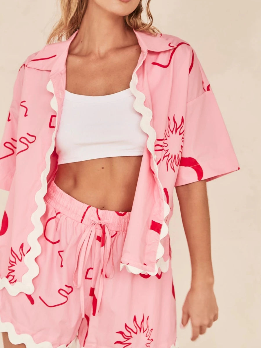 Women s Summer Loungewear Set Fashion Print Short Sleeve Lapel Button T-Shirt ,Trim Shorts Sleepwear