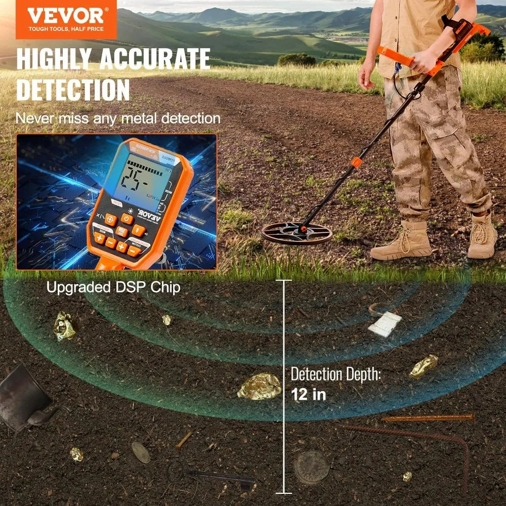 Professional Rechargeable Metal Detector,12"Coils, Waterproof Gold, Adjustable 39-50", 7 LCD Modes