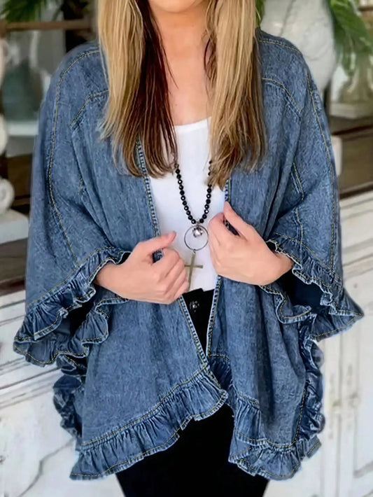 Women's Denim Jacket Ruffled Sleeves, Chic Open Front Lightweight| Fall & Spring Distressed Casual
