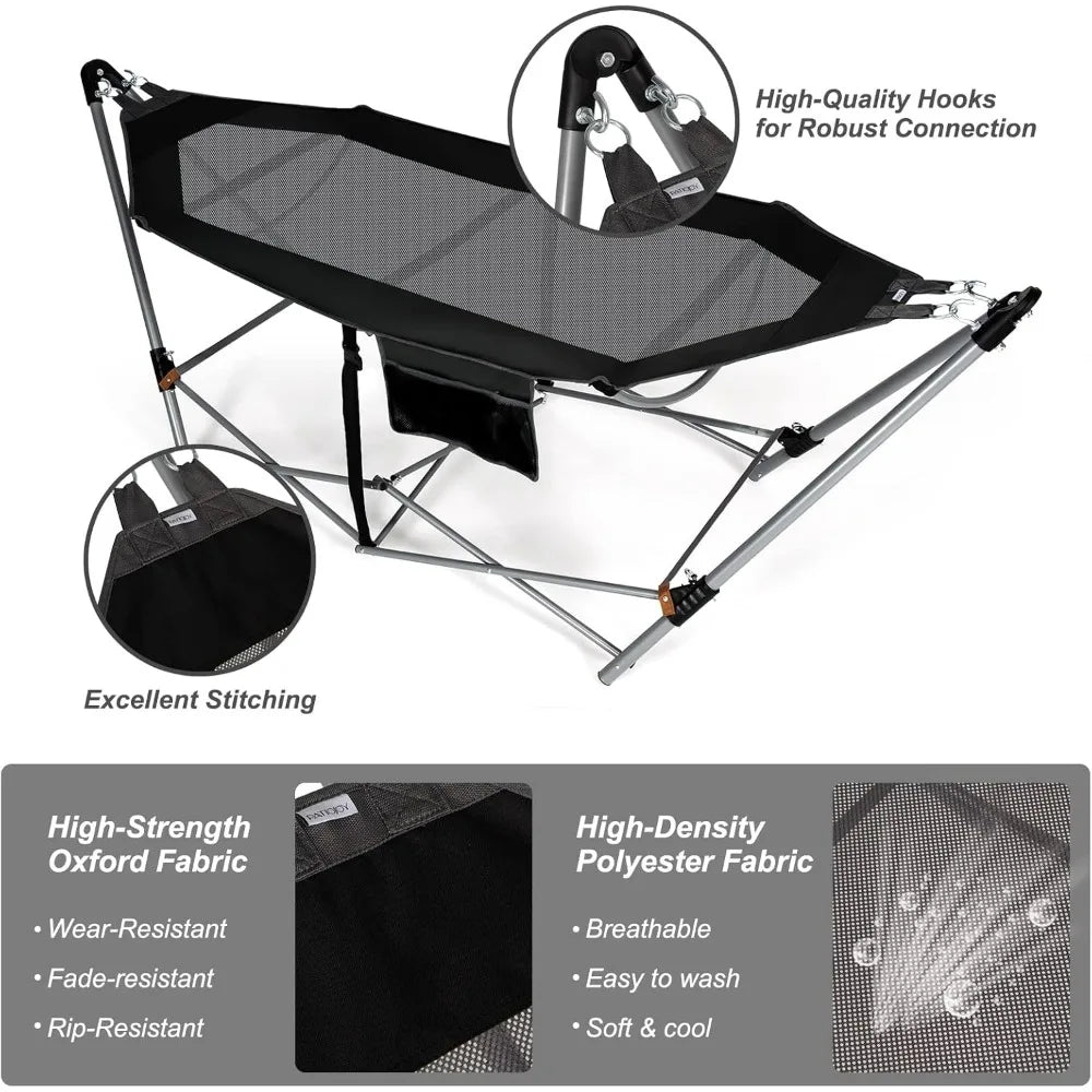 Portable Folding Lounge Camping Hammock w/Stand, Indoor & Outdoor w/Side Pocket, Anti-tip Buckles