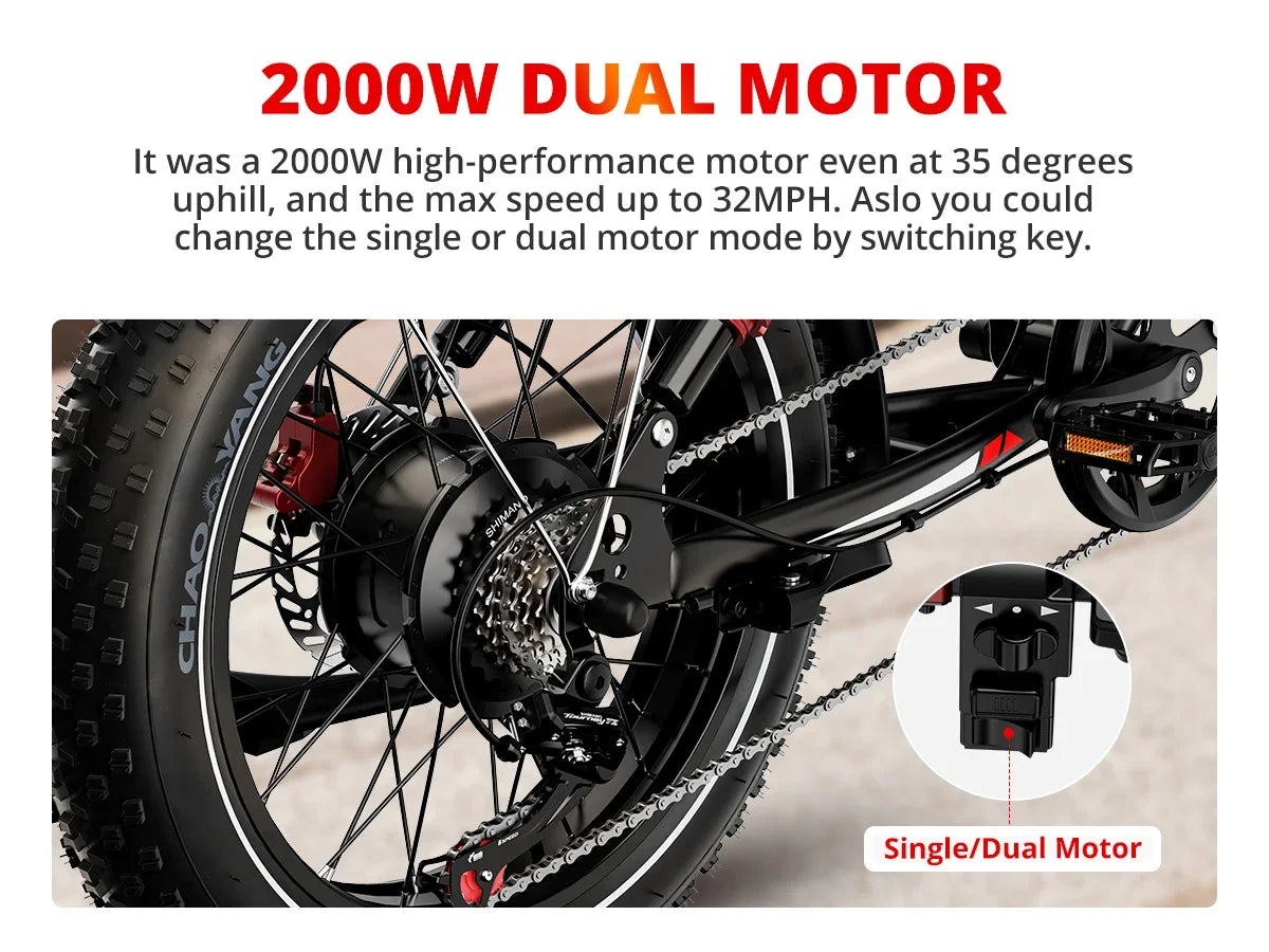 Ebike S8 2000W dual motor 48V 25AH 20-inch fat tires, front, rear shock absorption, with pedals.