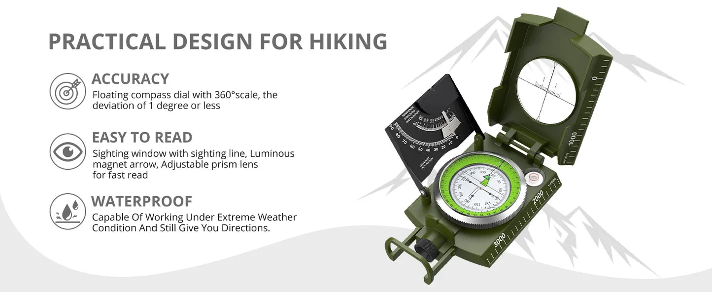 Professional Lensatic Compass Metal Waterproof IP65  Sighting Clinometer, Carry Bag