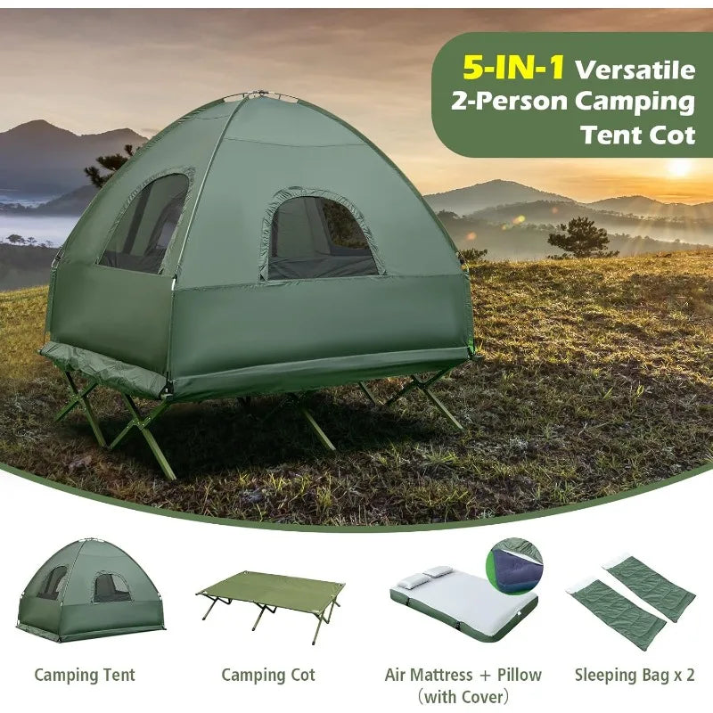 Tent Cot, 5-in-1 Elevated Cot with Sunshade, Air Mattress, Sleeping Bag & Pillow, Portable