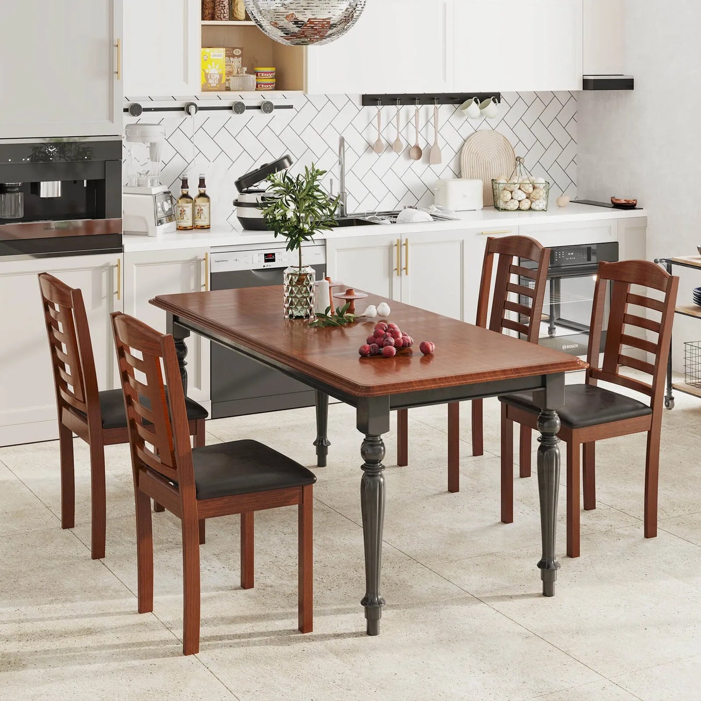 Dining Chair Set of 2 with Faux Leather Upholstered Seat & Rubber Wood Frame (no table)
