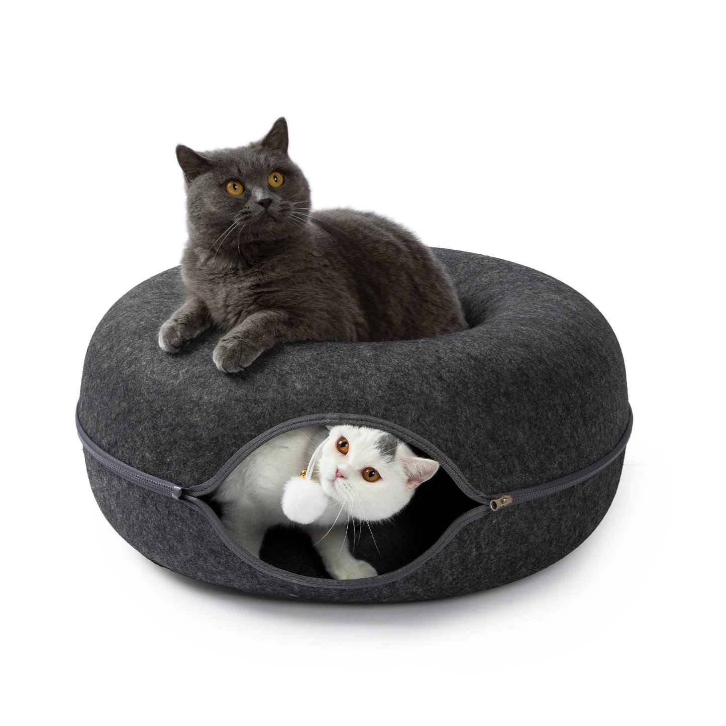 24"Large Donut Cat Bed Peekaboo Cat Cave for Multiple Cats Up to 30 Lbs, Washable Wool Felt Tunne