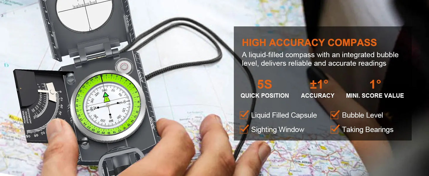 IP65 Compass Hiking Survival - Lensatic Compass,Clinometer & Bag,Camping,Hunting,Hiking,Geology