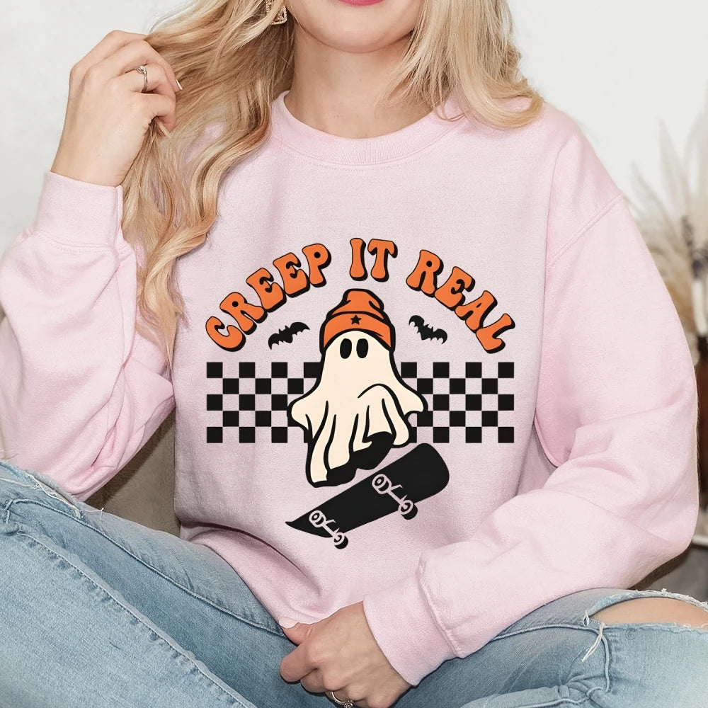 Retro Halloween Creep It Real Sweatshirts Ghost Skateboarding Graphic Sweater Top Fall Winter