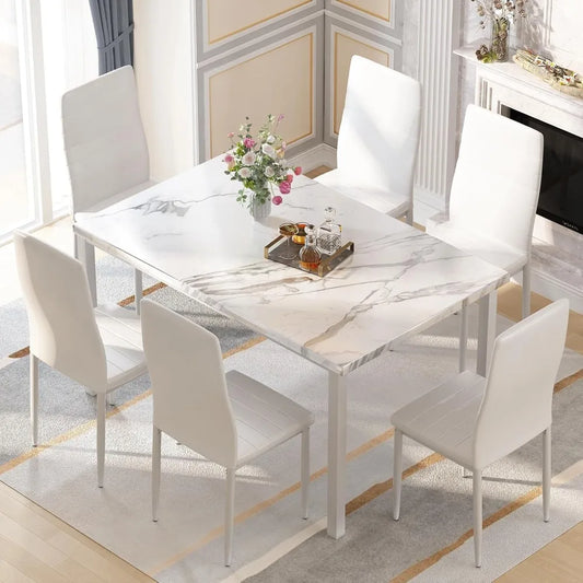 7 Piece Dining Table Set for 6, Faux Marble, 6-Chairs , Modern indoor table Set fits Small Space